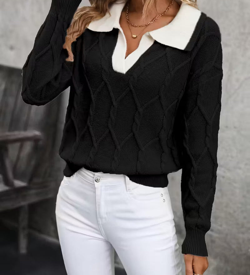 MAHALIA™ – KABELSTRIKKET SWEATER MED KRAVE