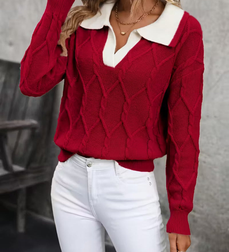MAHALIA™ – KABELSTRIKKET SWEATER MED KRAVE